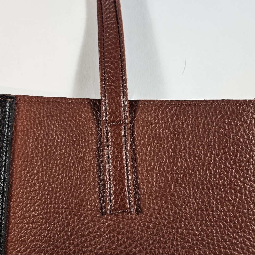 Vince Camuto Luck Brown Black Vegan Faux Leather Tote Bag Pebbled Laptop Career - Picture 9 of 13